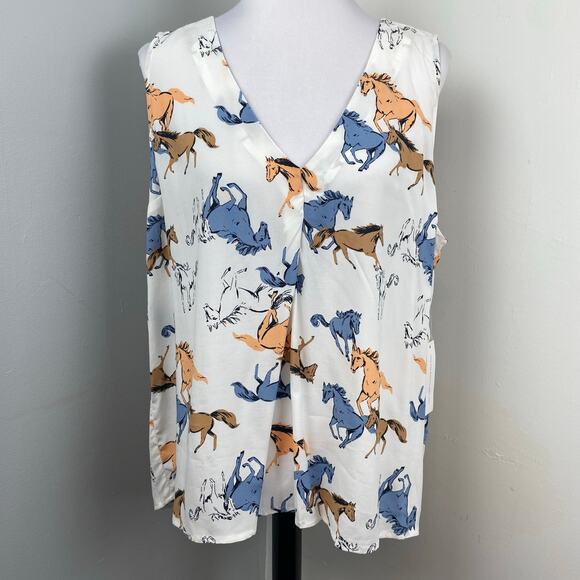 ModCloth Like the Wind Horse Print V Neck Sleeveless Blouse XL Equestrian - Picture 1 of 7